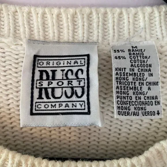 Vintage Russ Sport Grannycore White Brown Knit Chunky Crewneck Sweater Medium - Picture 2 of 8